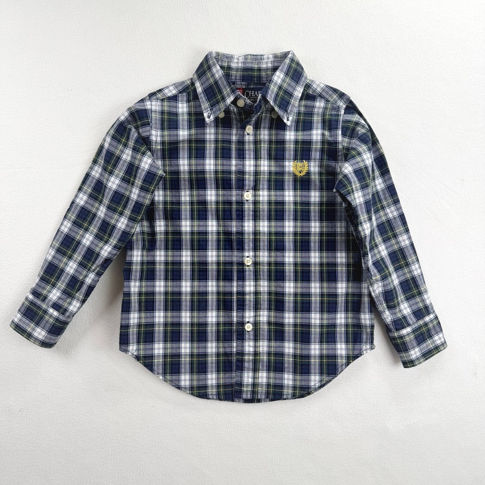 Chaps Boys 3T Navy Blue Green Plaid Button‎ Down Long Sleeve Shirt Crest Logo